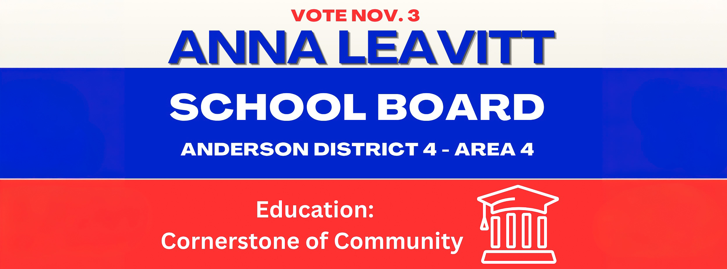 Official campaign sign for Dr. Anna Leavitt, candidate for Anderson School District 4 School Board of Education in Pendleton, SC. Te image features the Anna Leavitt logo and platform highlights including slogan, Education: Cornerstone of Community
